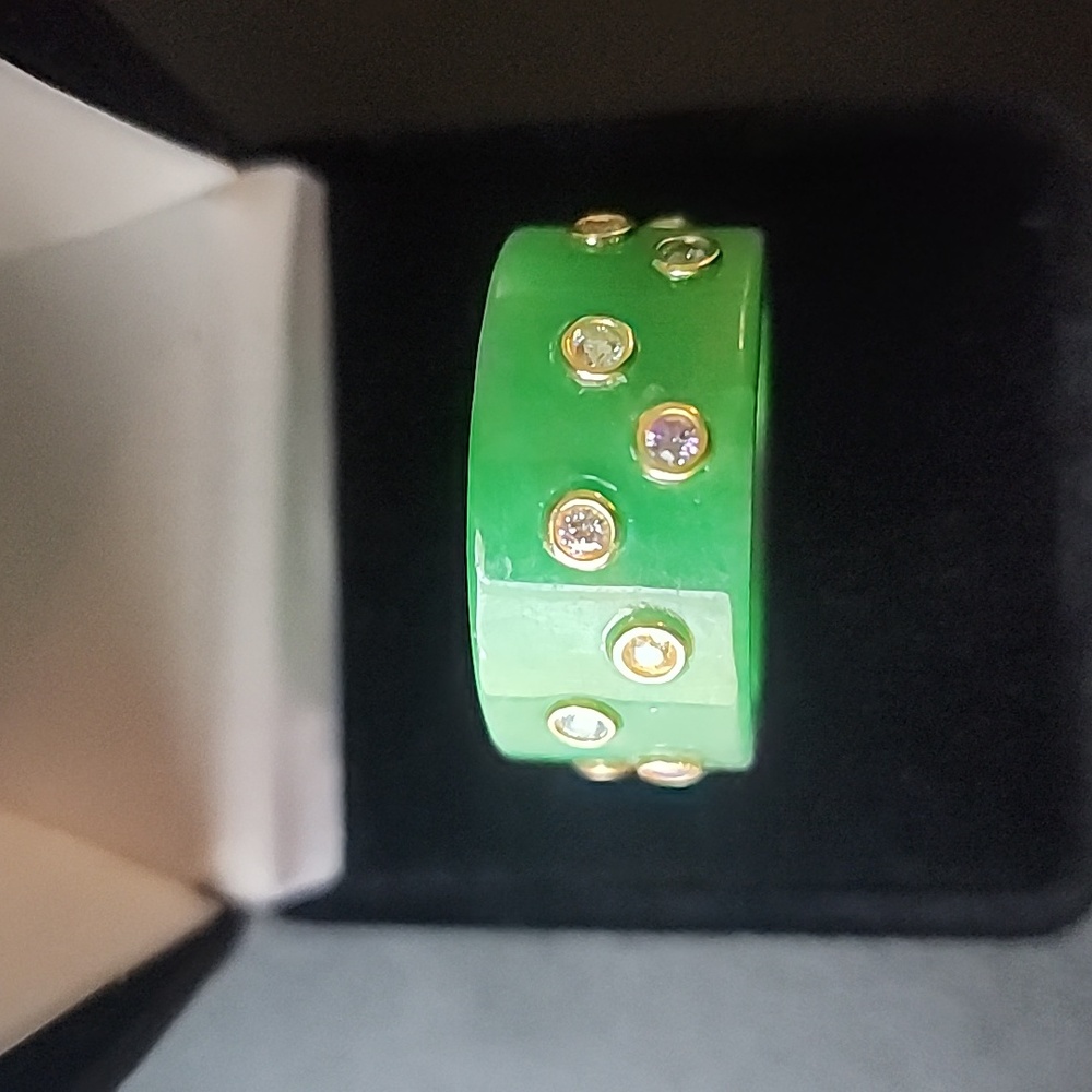 Green Jade Carved Band Ring with Multi Color Zirconia from Swarovski